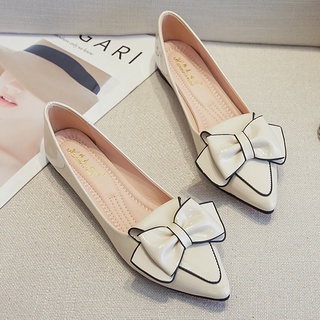 SALE-Giày búp bê da bóng mũi nhọn nơ kép size 36