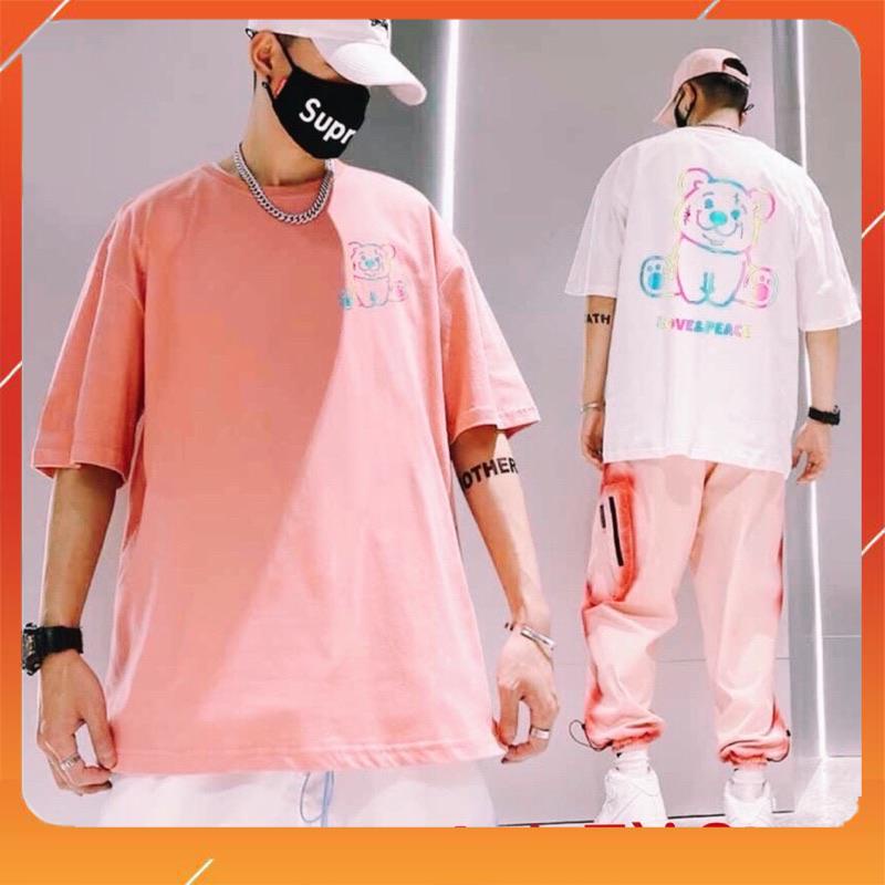 Áo thun tay lỡ phản quang phông Unisex nam nữ Cotton oversize đến 75Kg form rộng hình gấu Love &amp; Peace AP 876