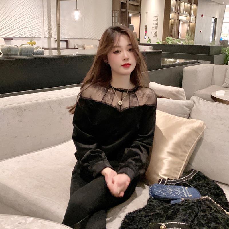 Áo Sơ Mi Vải Nhung Cổ Đứng Phối Ren Thời Trang Xuân Thu 2022