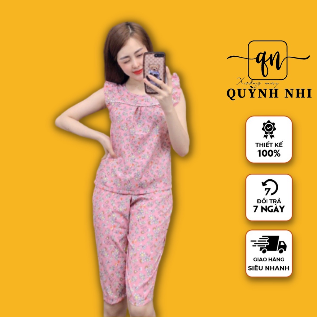 Đồ bộ mặc nhà quần lửng, bộ ngủ nữ chất lụa loại 1 họa tiết hoa nhí 40-75kg - LUA18