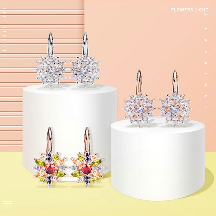 Bông tai đinh tán BAMOER JIE041 hình hoa đính đá Zicron AAA màu bạc/ nhiều màu cho nữ