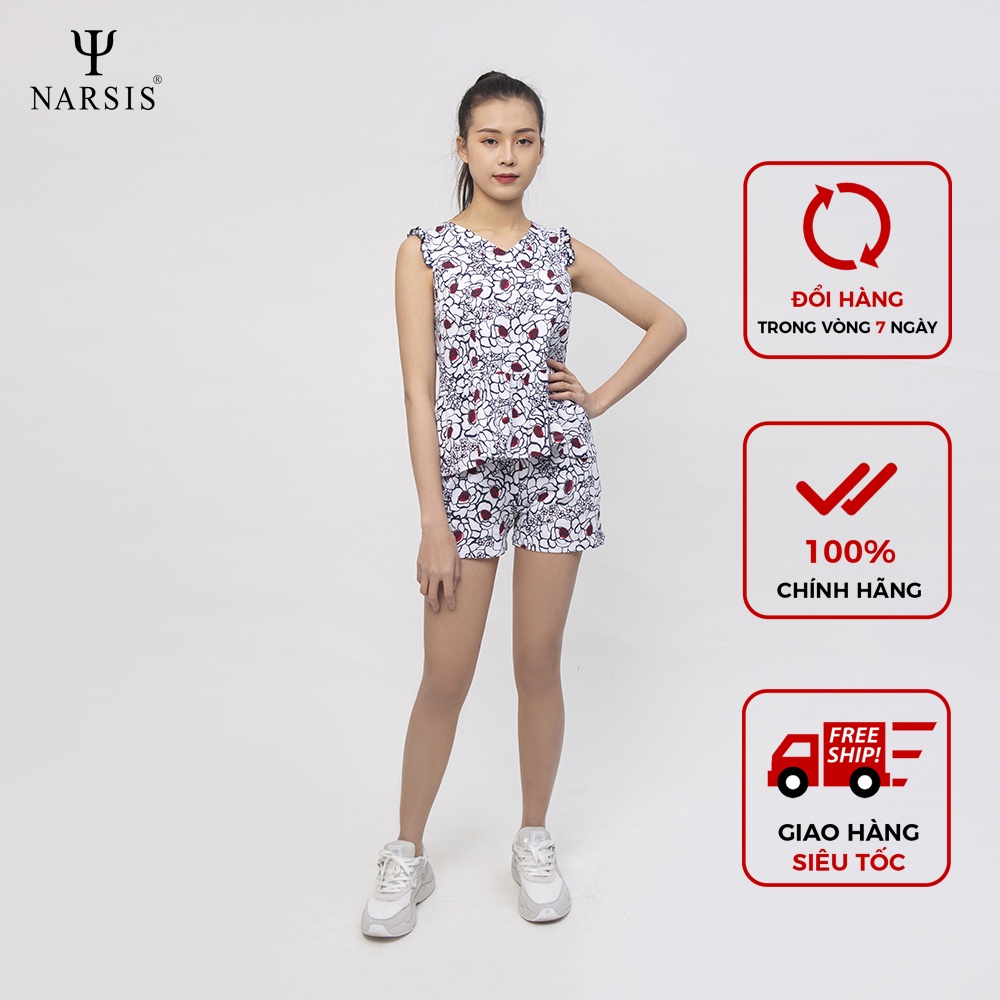 Bộ đồ hè nữ cộc tay sát nách vai bèo Narsis M0013 thiết kế họa tiết  trắng hoa văn tím than đỏ