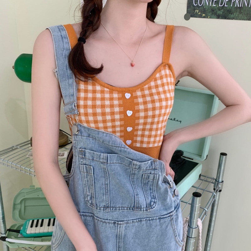 Áo Vest Dệt Kim Kẻ Caro Ngọt Ngào 175288 Áo Croptop Hai Dây Gợi Cảm Xinh Xắn Dành Cho Nữ