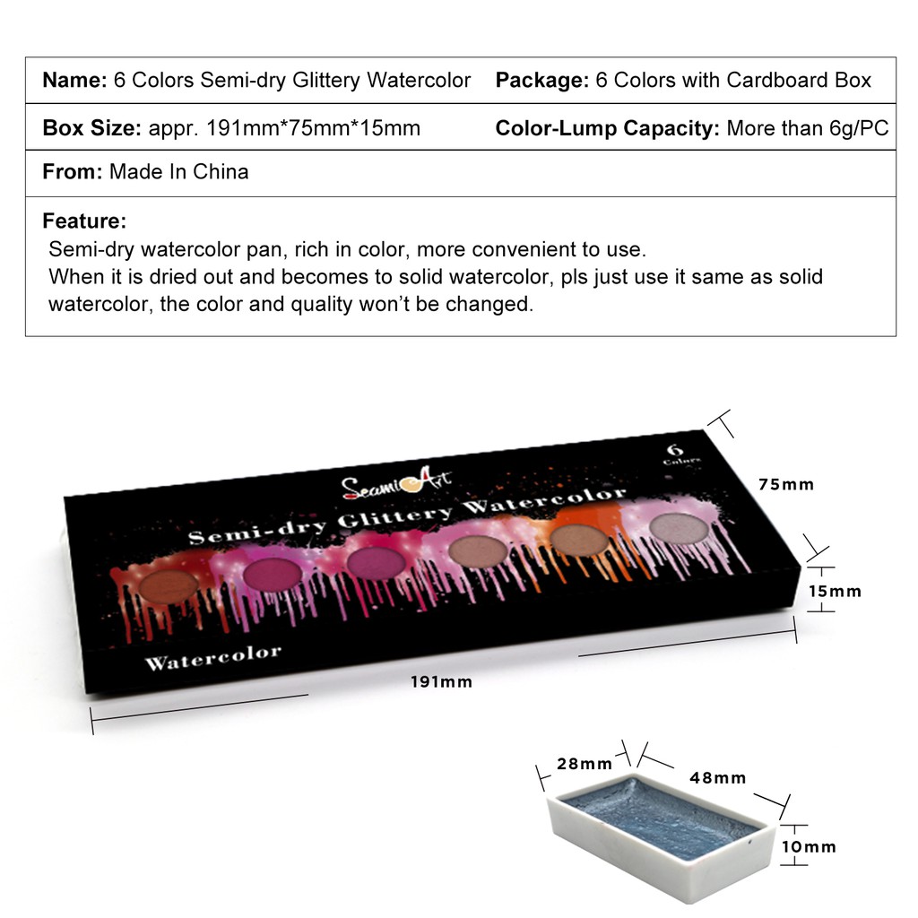 Bảng màu nước SeamiArt 6 màu độ khô vừa phải