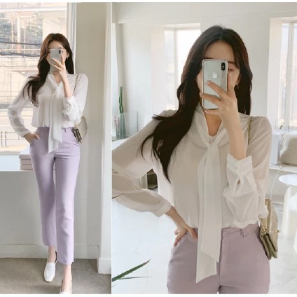 Áo kiểu nữ Hàn Quốc đẹp BL103 KRfashion cổ áo thắt nơ nữ tính thanh lịch