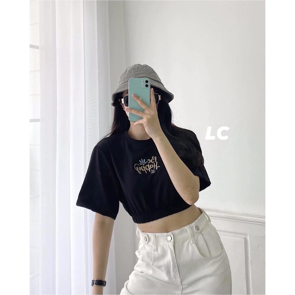 Áo Croptop Thêu Bo Chun PEONYB Nữ [FREESHIP]  Thun body cộc tay dáng ôm, phông form ngắn cổ tròn màu đen Ulzzang