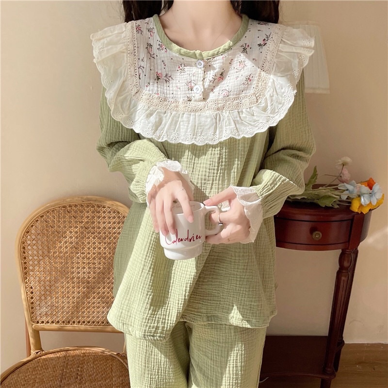 Đồ Ngủ Pijama XÔ MUSLIN Hàn Quốc, Đồ Bộ Nữ Mặc Nhà Dài Tay Cổ Bèo Công Chúa Dễ Thương Ulzzang