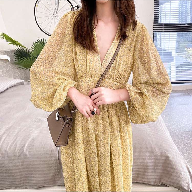 Đầm Voan Hoa Tay Dài Cổ Chữ V Thời Trang Dành Cho Nữ