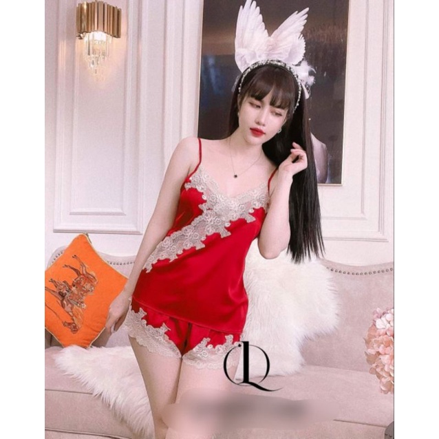 Bộ ngủ lụa hai dây viền ren chéo ngực sexy quảng châu cao cấp hàng sẵn M621