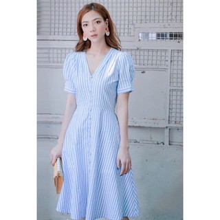 Đầm váy freesize sọc xanh nút bọc