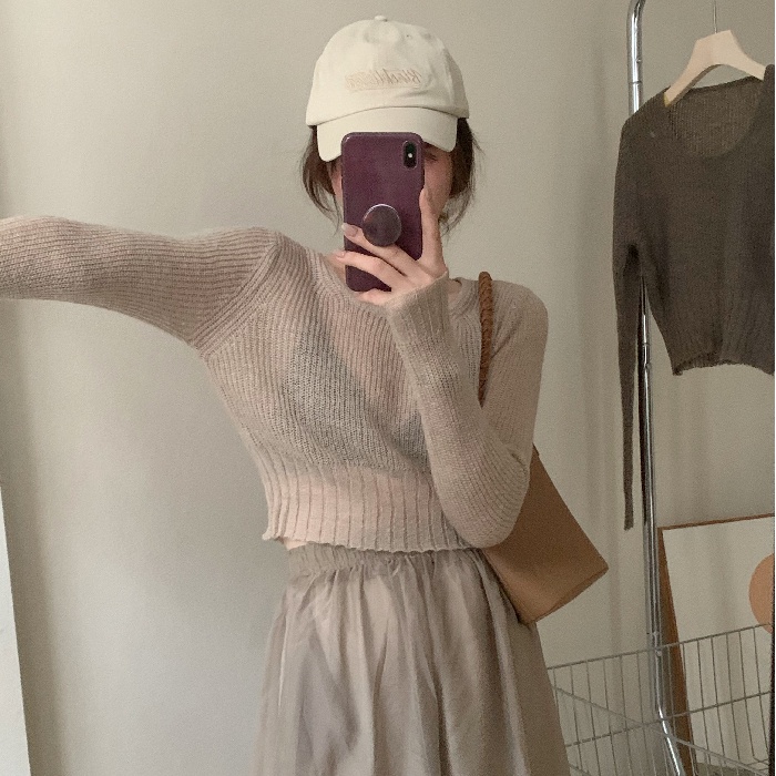 Áo len ZHELIHANGFEI tay dài dáng rộng lưng cao quyến rũ dễ phối đồ cho nữ