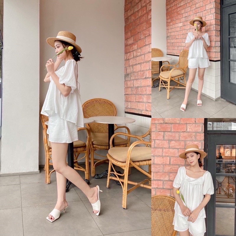 Sét Đồ Bera Baby Doll Thắt Dây Lưng Sau 2 Màu Đen Trắng, Sét Bera Màu Trắng Tiểu Thư Siêu Mát Chan House.