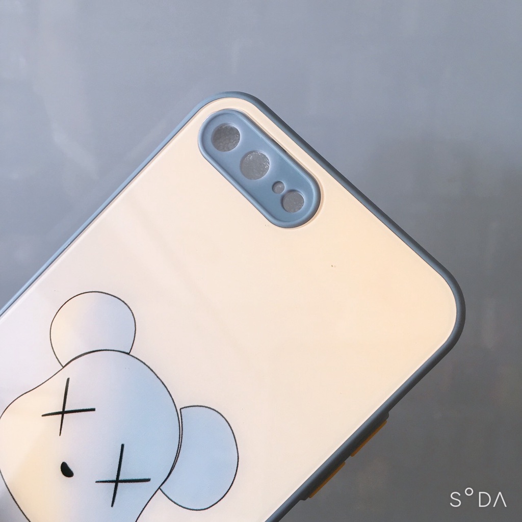 Ốp lưng kính viền vuông Gấu Kaws, phím bấm màu iPhone 6.6s/6Plus/7/8/7Plus/8Plus/ Xs Max