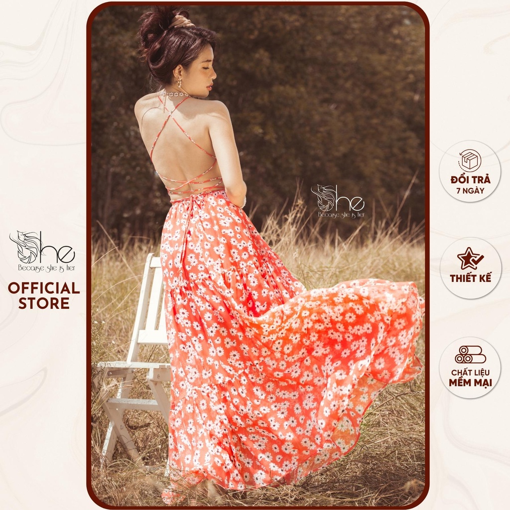 Đầm đi biển cổ yếm mút ngực She, Đầm maxi dự tiệc đan lưng gợi cảm SDX122
