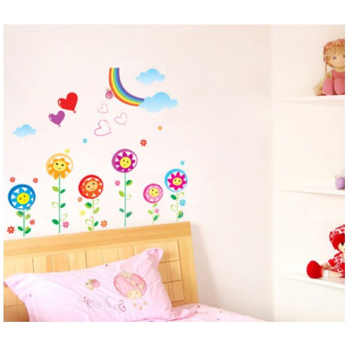 Decal trang trí tường Hoa sắc màu và cầu vòng mới