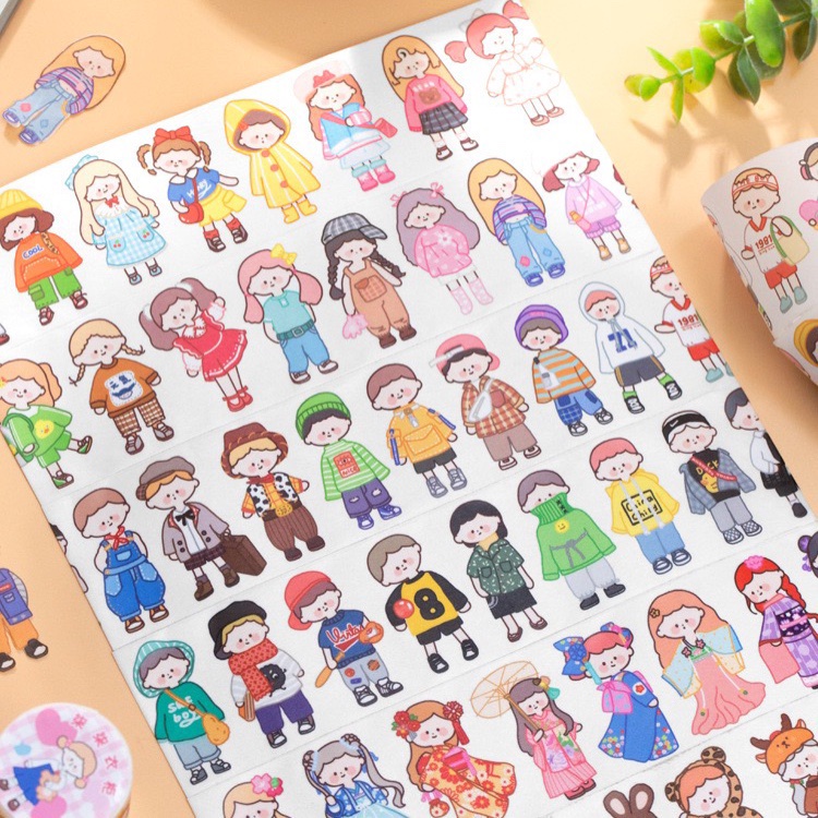 Sticker Dạng Washi Tape Nhật Bản Hình Cô Gái, Chàng Trai Dễ Thương Cắt Dán