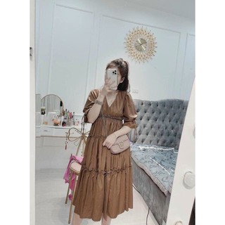Đầm Xòe Dạo Phố Cổ Chữ V Họa Tiết Nhún Bèo Cá Tính Thời Trang Trẻ Trung Dự Tiệc - Winchois