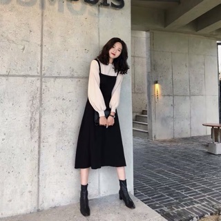 {Order bigsize,M-4xl}Váy len tăm tiểu thư đen phối trắng giả yếm