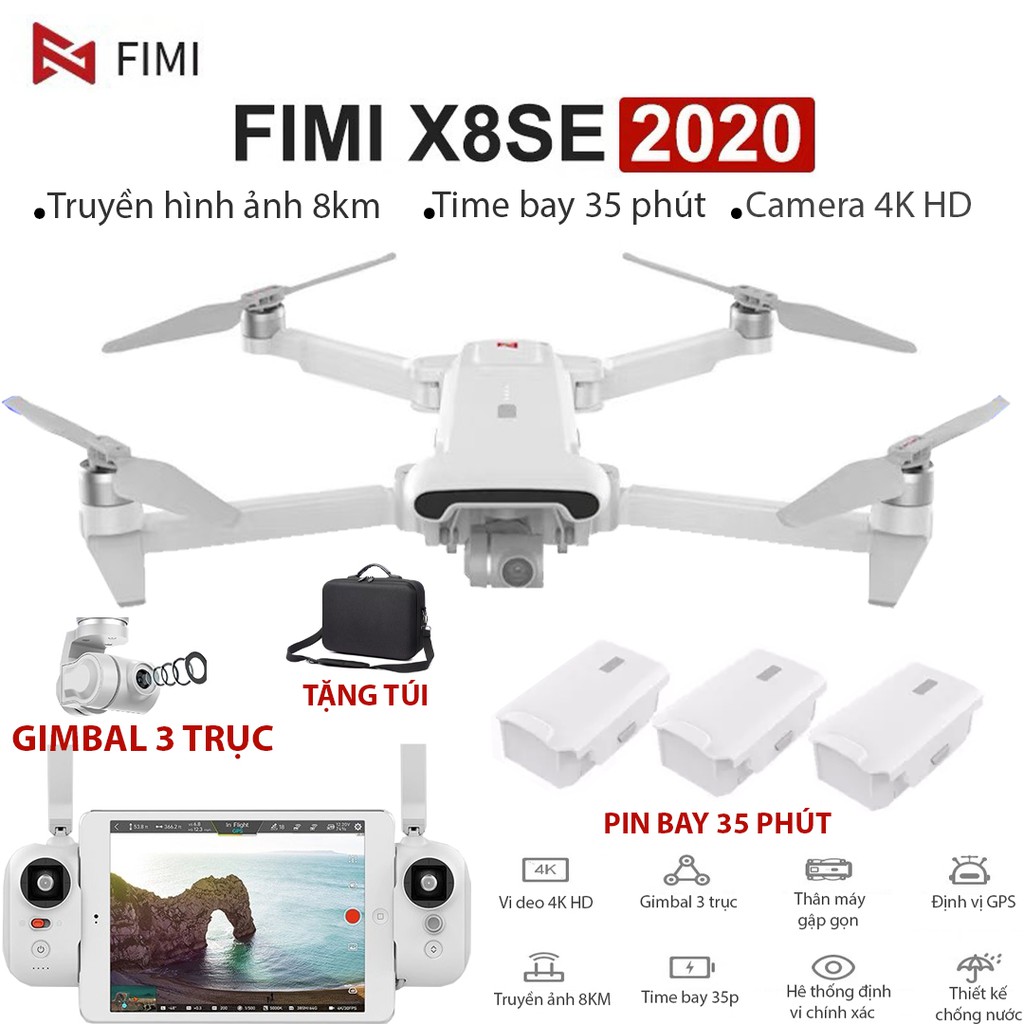 BẢN 2020 - Flycam Xiaomi Fimi X8 SE 2020 Gimbal  3 Trục, Truyền ảnh 8KM, Quay Phim 4K  Thời gian bay 35 Phút, Gấp gon