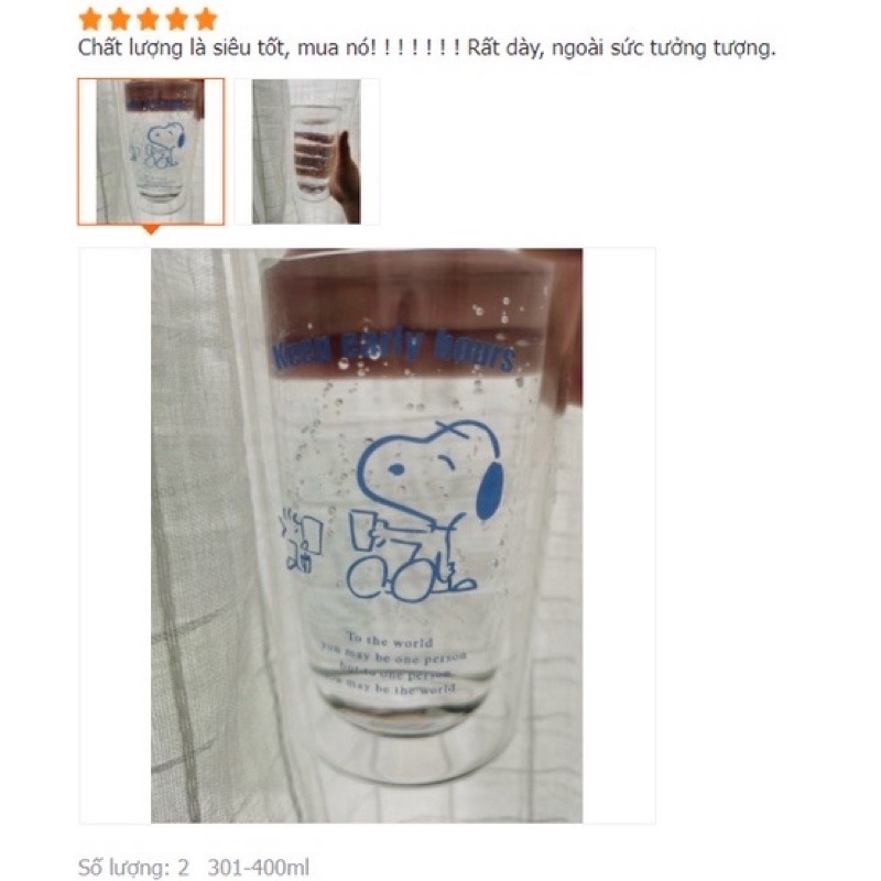 Ly Thuỷ Tinh 350ml 2 lớp Hoạt Hìh Snoopy