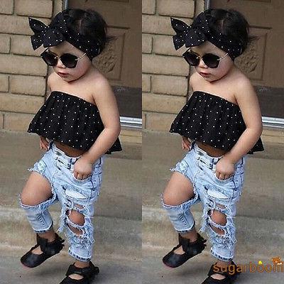 Set áo chấm bi + quần jeans + băng đô xinh xắn cho bé gái
