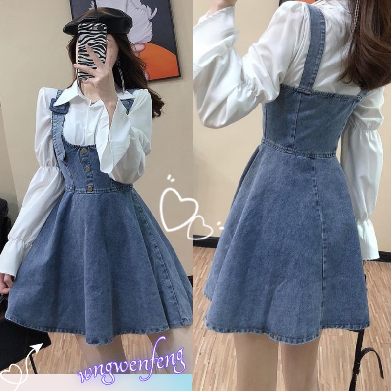 Đầm Denim Hai Dây Dáng Rộng Phong Cách Hàn Quốc Mới Kích Thước Nhỏ Dễ Phối Đồ