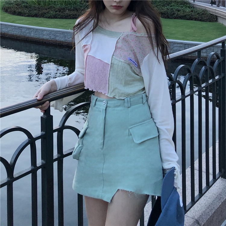 Áo Thun Nữ Tay Dài Phối Hai Màu Phong Cách Hàn Quốc