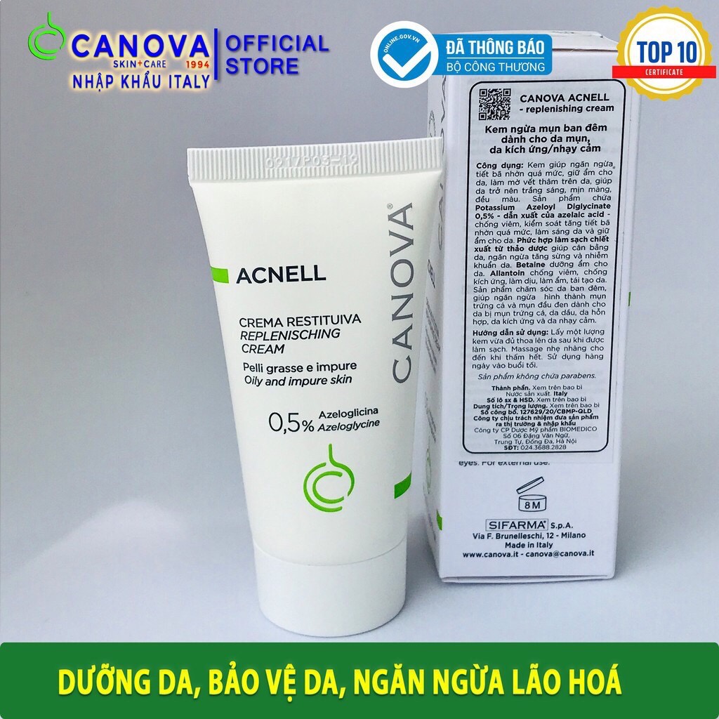 CANOVA ACNELL - REPLENISHING CREAM /Kem ngừa mụn ban đêm dành cho da mụn, da kích ứng/nhạy cảm