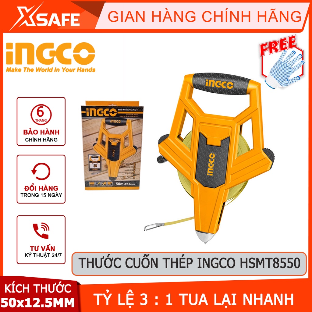 Thước cuốn thép INGCO HSMT8550 Thước cuộn thép dài 50m, chất liệu thép cao cấp chịu nhiệt, chịu lực, chống gỉ  - [XSAFE]