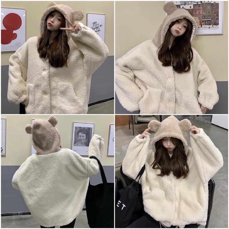 Áo khoác nỉ,lông tai gấu phối mũ cúc bấm Một màu Hàn Quốc from thụng Unisex,Áo khoác nữ Ulzzang(ảnh thật) -