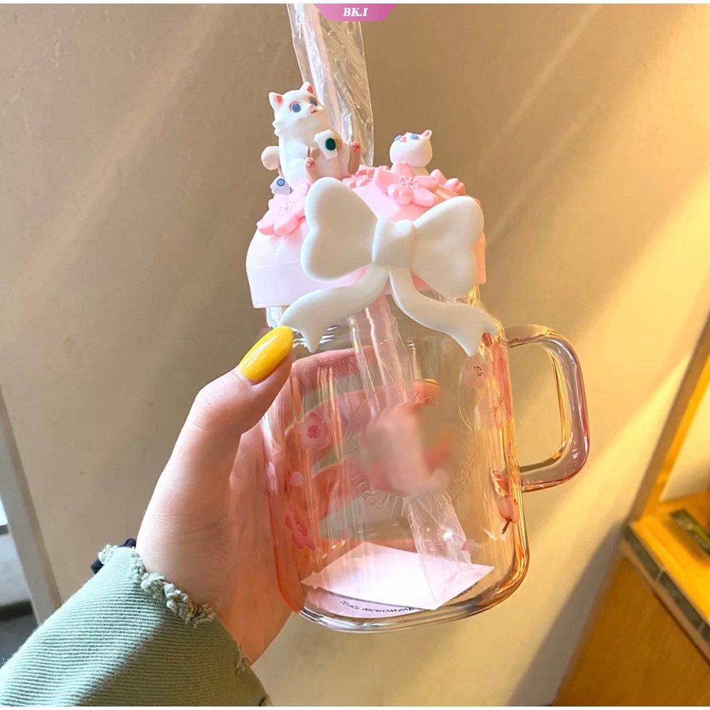 Ly Thủy Tinh Uống Sữa / Cà Phê Starbucks Màu Hồng Cherry Xinh Xắn Ku2