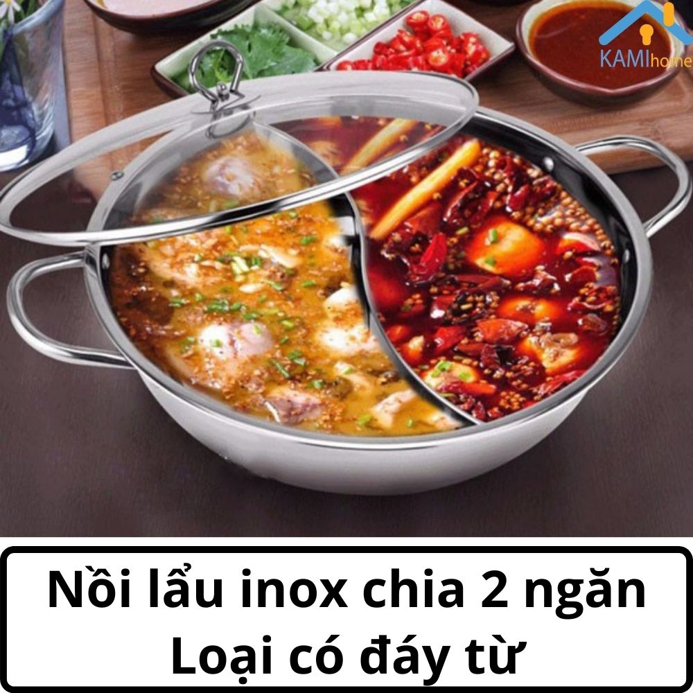 Nồi lẩu 2 ngăn độc đáo Đáy từ Nắp kính chất liệu Inox cao cấp mã 20058