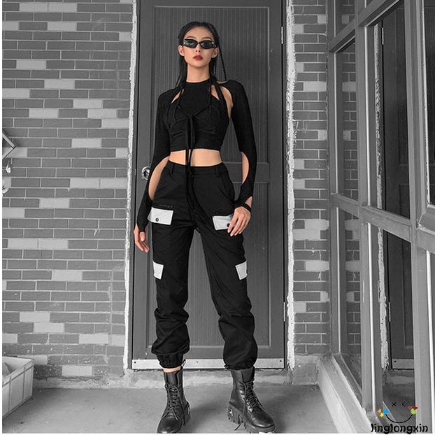 Linglongxi2-Women´s Hollow Out Crop Tops, Long Sleeve Round Neck Solid Color Slim Fit Bandage T-Shirts