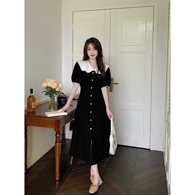 Váy nữ cúc dọc váy mỏng mềm cổ cánh sen cách điệu váy cao cấp kiểu Pháp