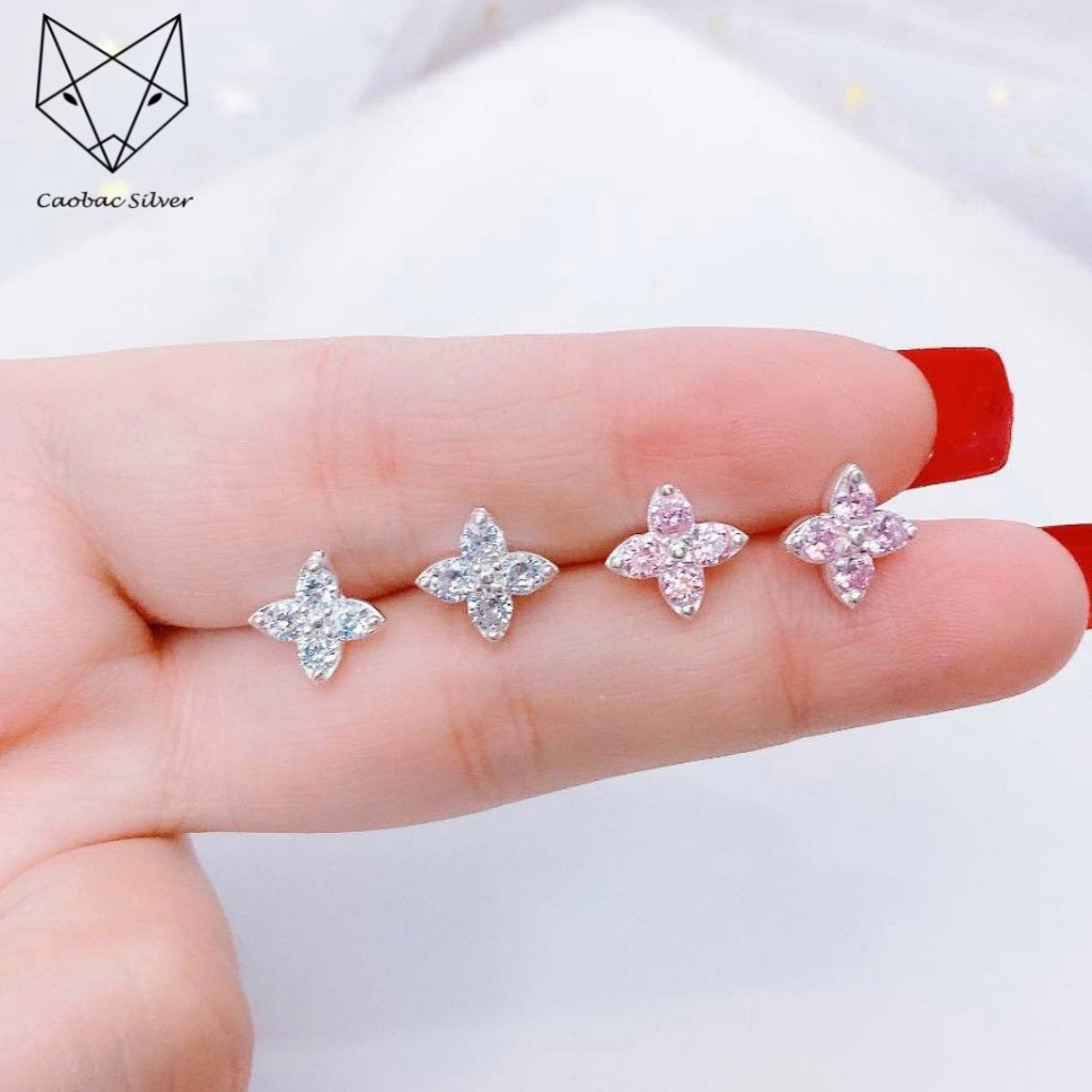 Khuyên Tai Bạc Nữ CaoBac Silveri Đính Đá Chất Liệu Bạc Ta Mặt Hoa Bốn Cánh Nhọn Sang Chảnh Đơn Giản Thanh LỊch Cho Nữ