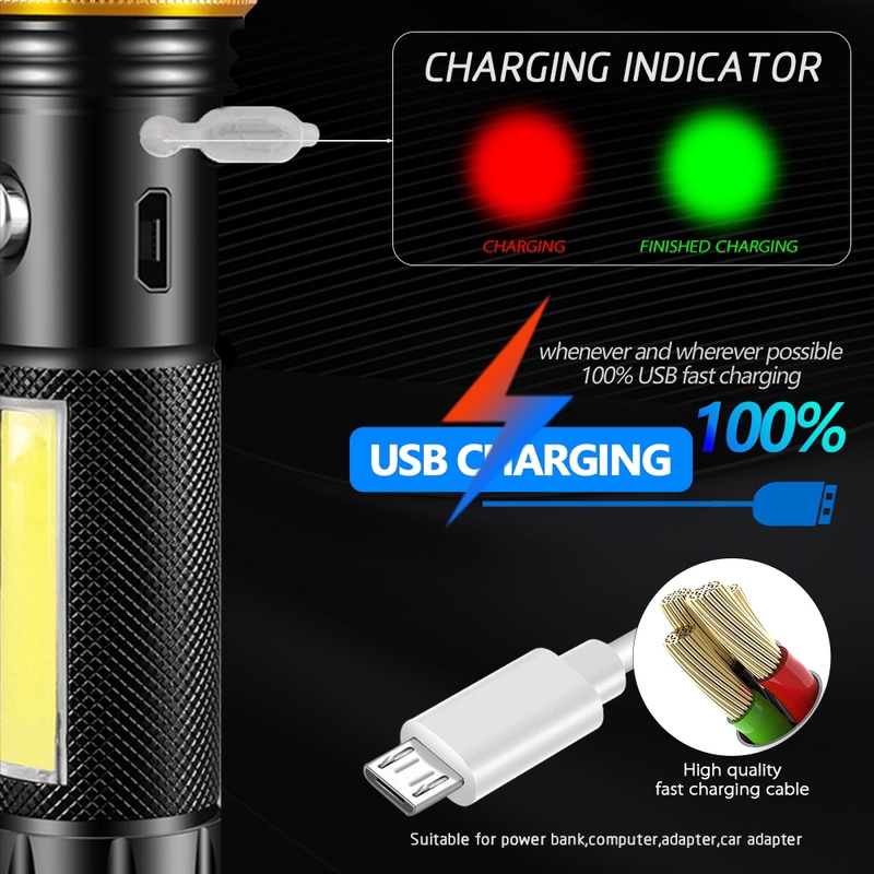 COB LED chế độ đèn pin sáng USB không thấm nước của đèn 5 18650 pin