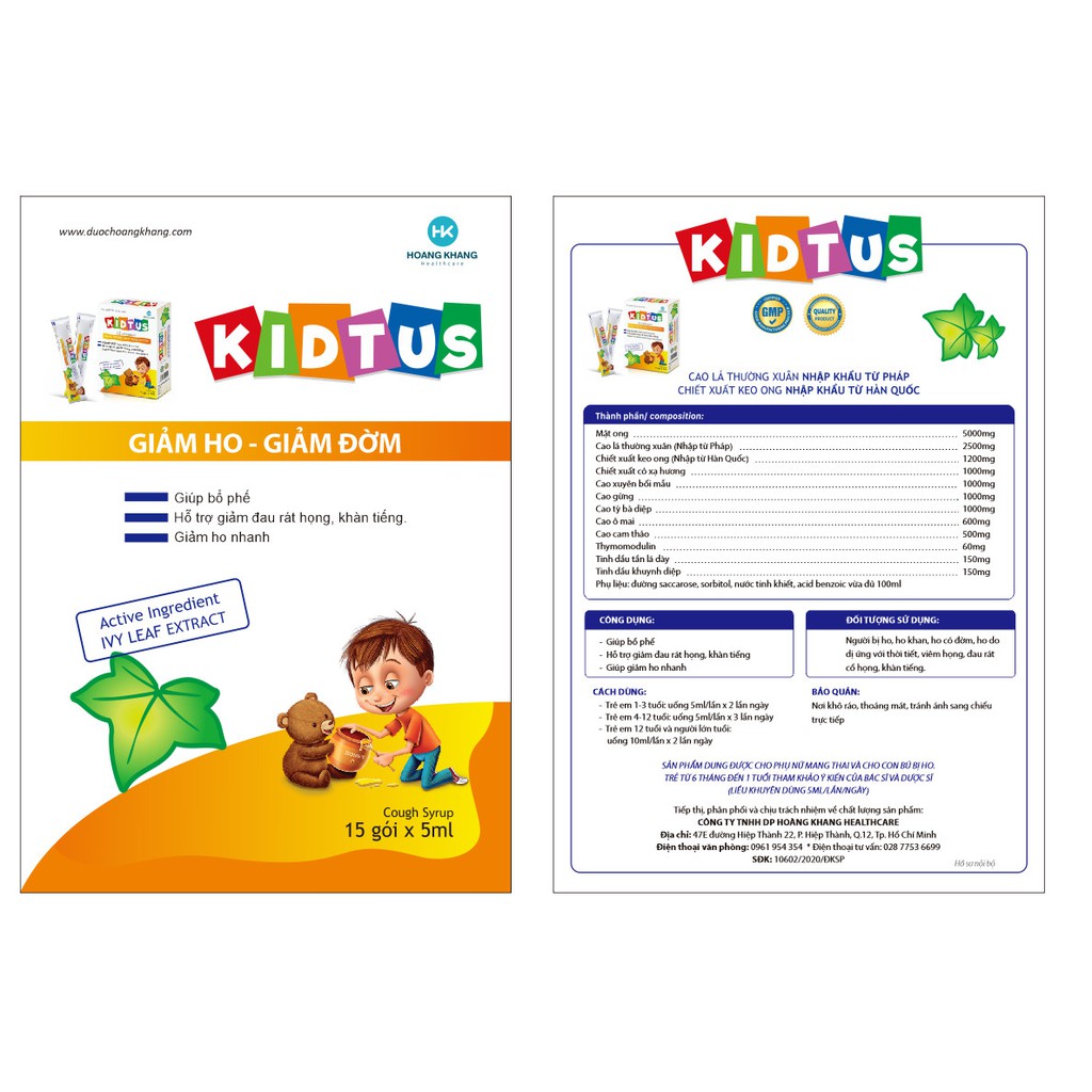 KIDTUS gói cho bé , hộp 15 gói x 5ml . Giúp bé giảm ho , PNCT dùng được