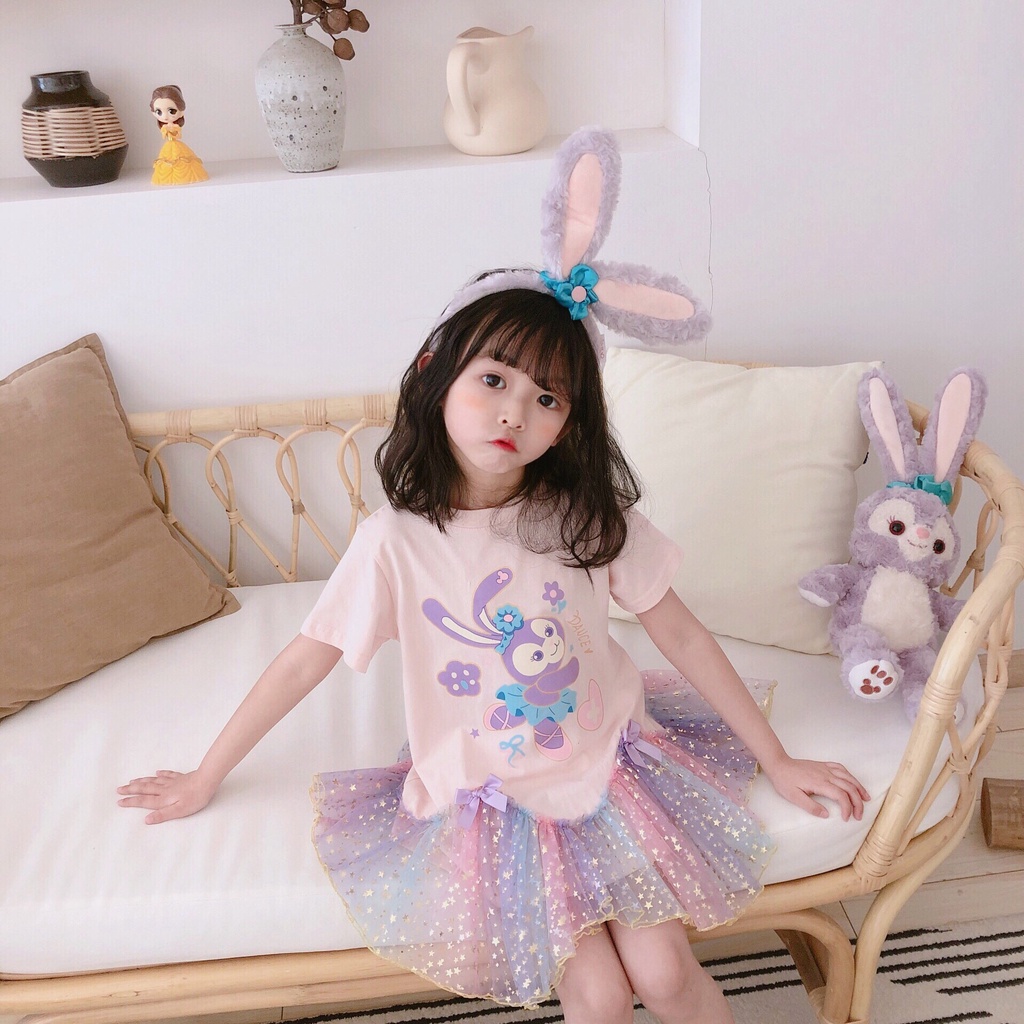 Đầm Tay Ngắn Phối Lưới In Họa Tiết Hoạt Hình Phong Cách Hàn Quốc Cho Bé Gái