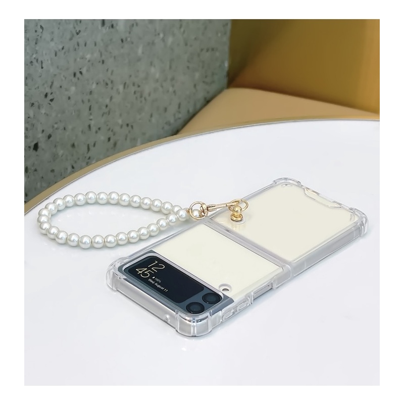 Bao Da Điện Thoại Nắp Gập Chống Sốc Đính Ngọc Trai Kèm Dây Đeo Tay Cho samsung galaxy z flip 4g 5 4 3 flip3 flip4 5g Ốp