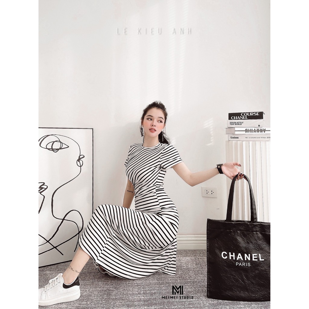 Đầm dài, cotton kẻ chun eo dáng midi hack chiều cao , chuẩn korea style , vừa mát vừa thoải mái | MeiMei Studio