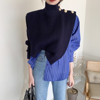 Áo kiểu giả 2 lớp sơ mi phối len cổ lọ đính khuy vàng thời trang cá tính (có hình thật)