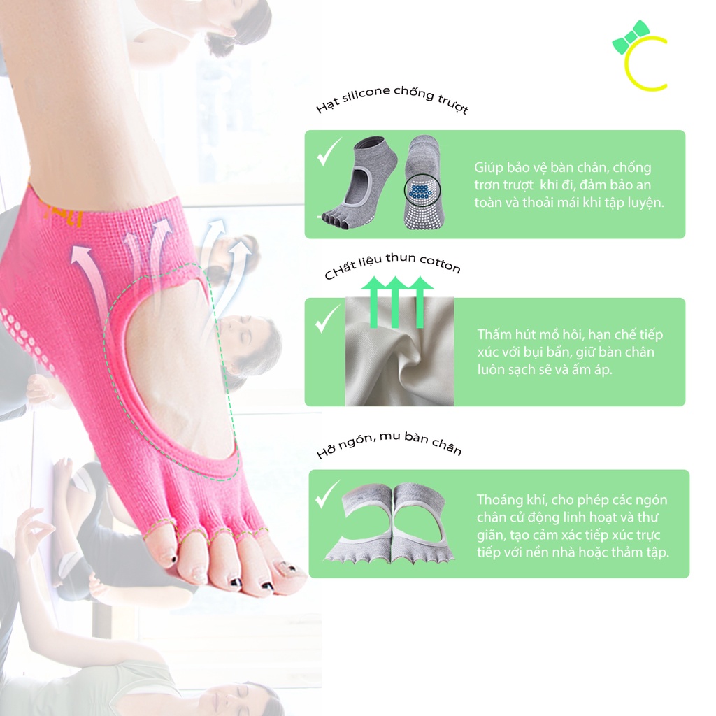 Tất chân/vớ tập Yoga chống trượt, có hạt silicone bám dính bảo vệ và bàn chân sạch sẽ - Cami - CMPK211