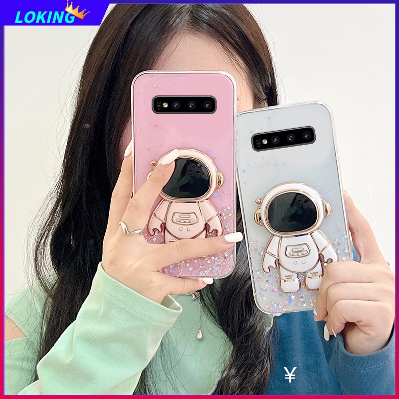 Ốp Điện Thoại Kim Tuyến Nước Kèm Giá Đỡ Hình Phi Hành Gia 3D Cho Samsung Galaxy S10 S10Plus S10E S9 S9Plus S8 S8Plus A7 A8 A9 2018 A9S J7Prime