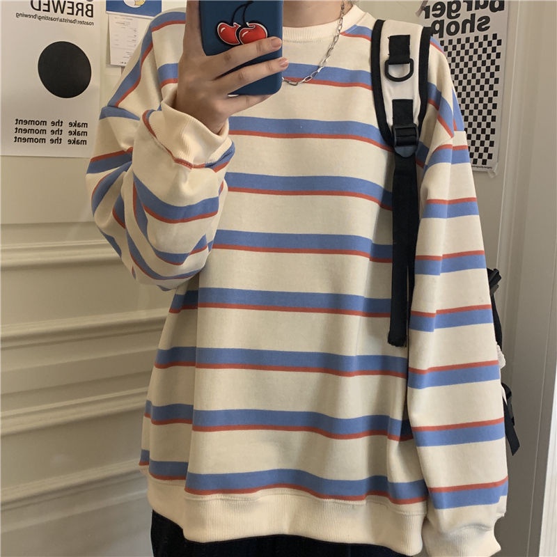 Áo Sweater Mỏng Cổ Tròn Dáng Rộng In Kẻ Sọc Kiểu Hàn Quốc Thời Trang 2022 Cho Nữ