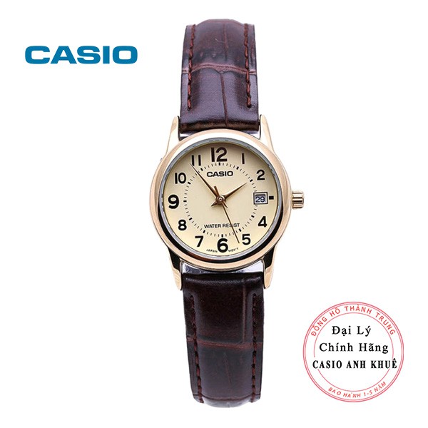 Đồng hồ nữ dây da Casio chính hãng LTP-V002GL-9BUDF mặt nhỏ số học trò