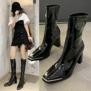 Bốt da bóng cổ cao - cổ thấp mũi viền kim loại sành điệu (đế cao 9cm tham khảo thêm trong mô tả)