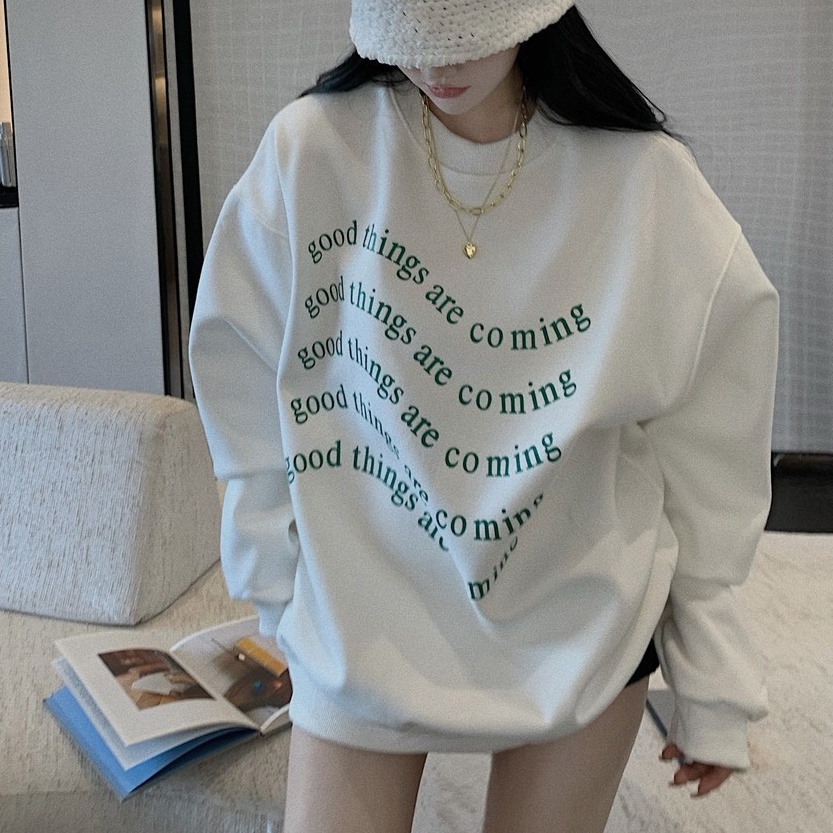 Porozi  Áo sweater nữ cổ tròn dáng rộng in chữ đơn giản thời trang Hàn Quốc
