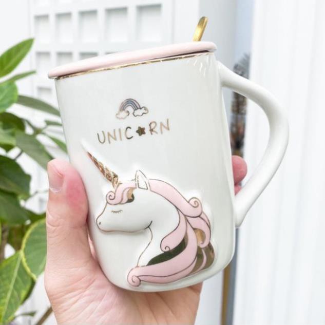 Ly Cốc Sứ Unicorn Kỳ Lân 450ml Có Nắp và Thìa Xinh Xắn