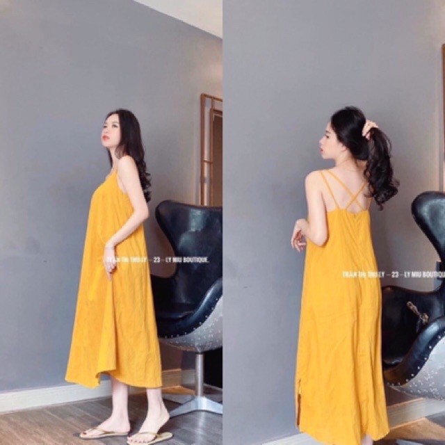 Váy bầu Y115 maxi đan dây lưng chất đũi lụa dáng dài form rộng