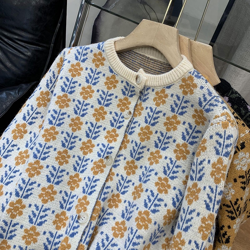 NUZIRO  Áo khoác len cardigan  cổ tròn họa tiết hoa phong cách Hàn Quốc mới cho nữ